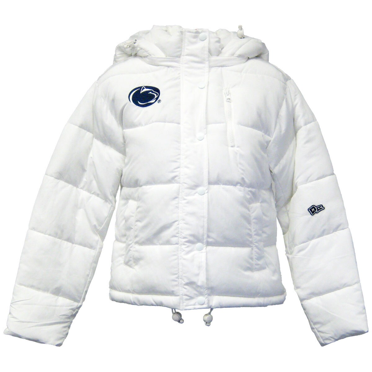 women's white puffer jacket with embroidered Penn State Athletic Logo on right chest